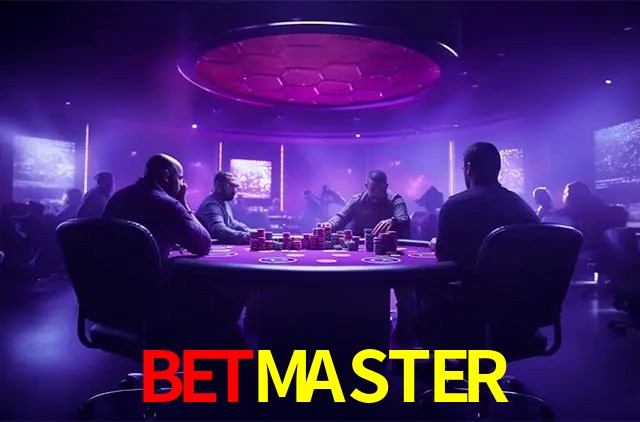 Escena dinámica inspirada en casino con iluminación BETMASTER, cartas, fichas e íconos de juegos digitales en un espacio moderno de juegos.