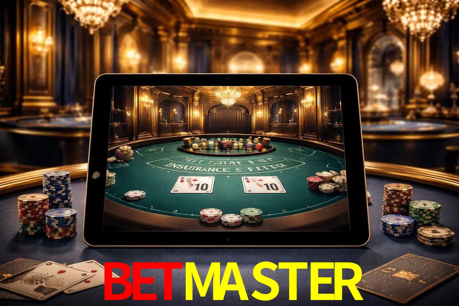 Configuración moderna de casino en vivo con una tableta mostrando una mesa de blackjack, luces cálidas de estudio y una atmósfera elegante de juegos digitales.